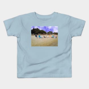 Beach with empty  chairs near St. Tropez, le Provence, France Kids T-Shirt
